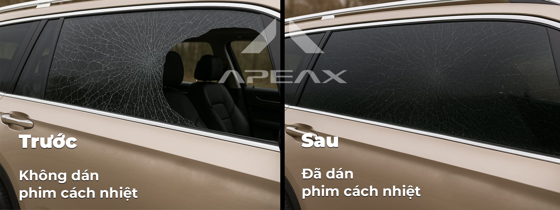 Trước và sau khi dán phim cách nhiệt ô tô khi kính xe bị vỡ.