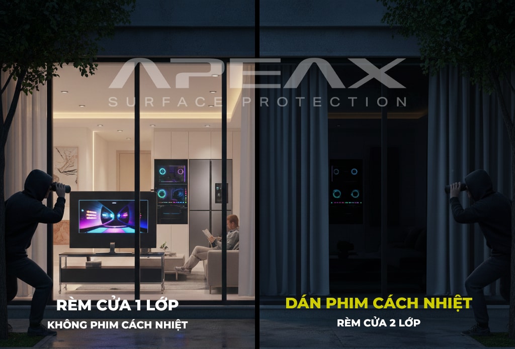 Kết hợp rèm và phim cách nhiệt để bảo vệ sự riêng tư cho không gian sống của bạn.