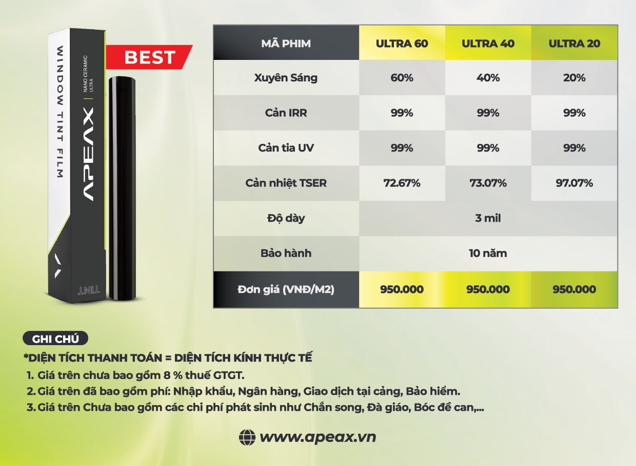 Báo giá dán phim cách nhiệt nhà kính Apeax Nano Ceramic Ultra mới nhất hiện nay.