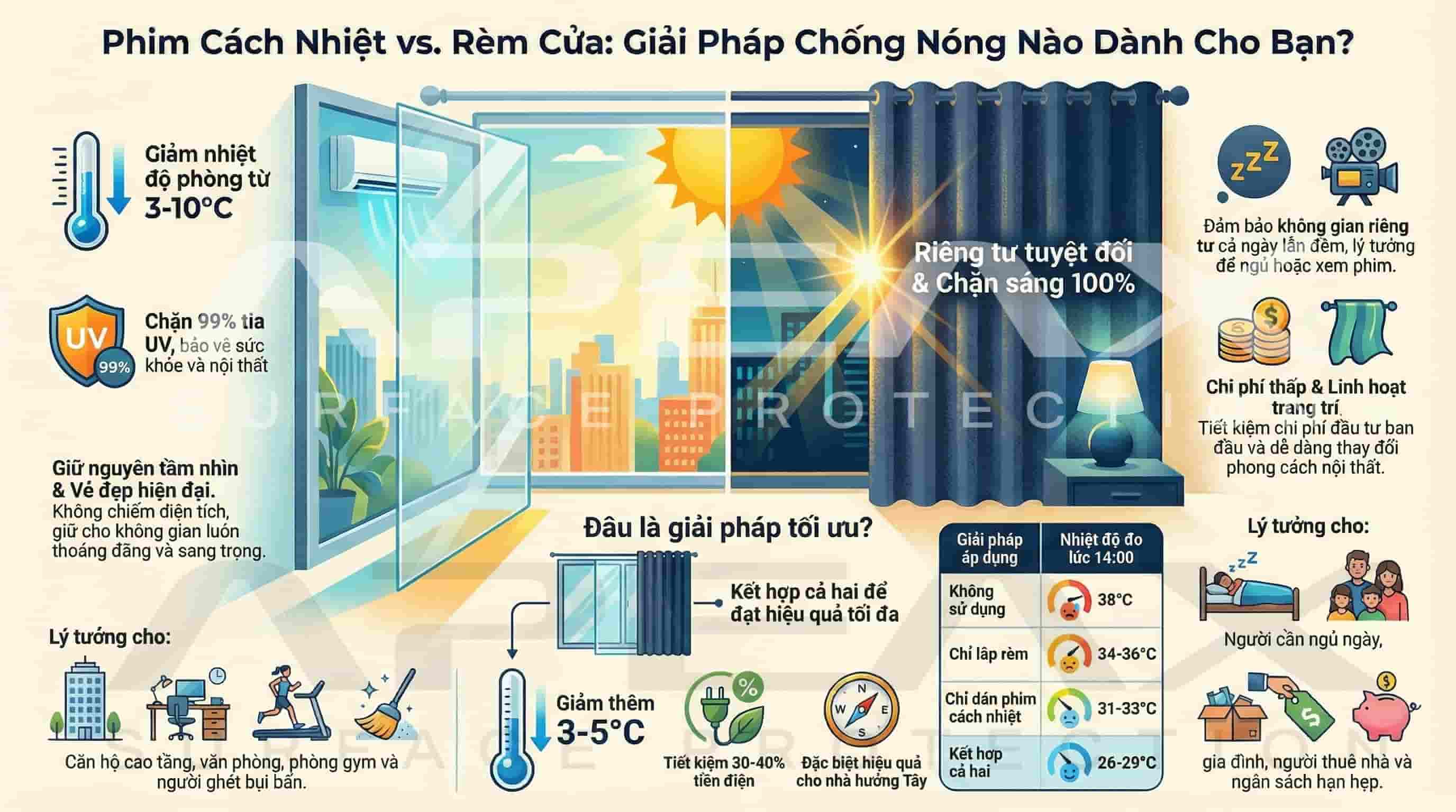 Bảng Infographic tóm tắt toàn bộ bài viết: Dán Phim cách nhiệt hay sử dụng Rèm cửa kính.