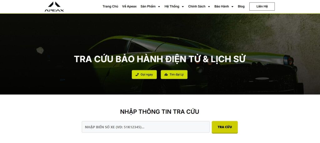Giao diện trang tra cứu bảo hành điện tử Apeax Việt Nam dành cho chủ xe ô tô.