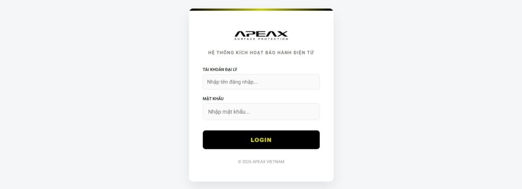 Giao diện trang login nhập thông tin kích hoạt bảo hành điện tử dành cho đại lý ủy quyền Apeax.