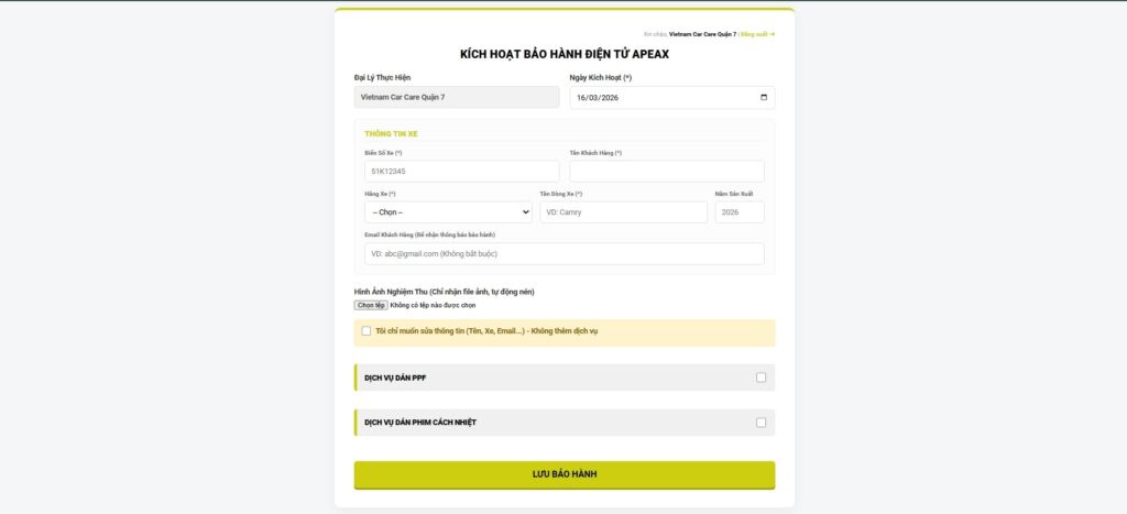 Trang nhập liệu thông tin kích hoạt bảo hành điện tử dành cho đại lý ủy quyền Apeax.