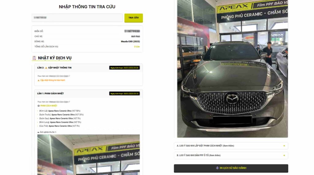 Thông tin tra cứu bảo hành điện tử Apeax thành công.
